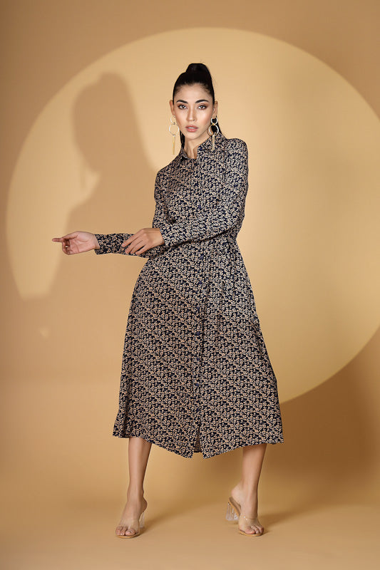 Women Navy Blue Collar Neck Printed Shirt Dress - Global Republic
