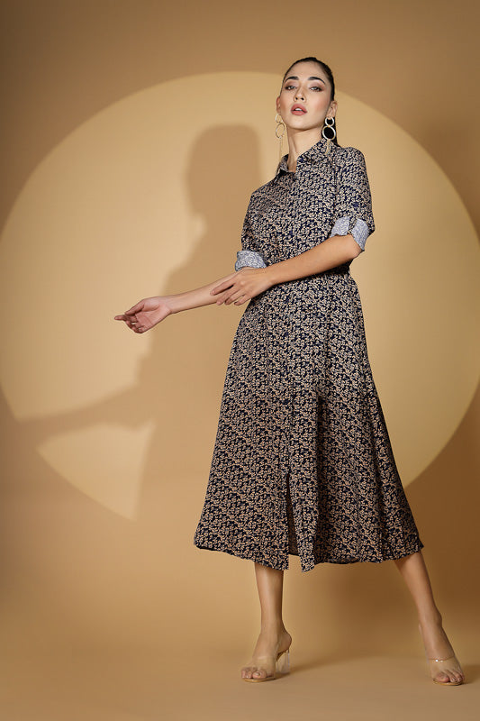 Women Navy Blue Collar Neck Printed Shirt Dress - Global Republic