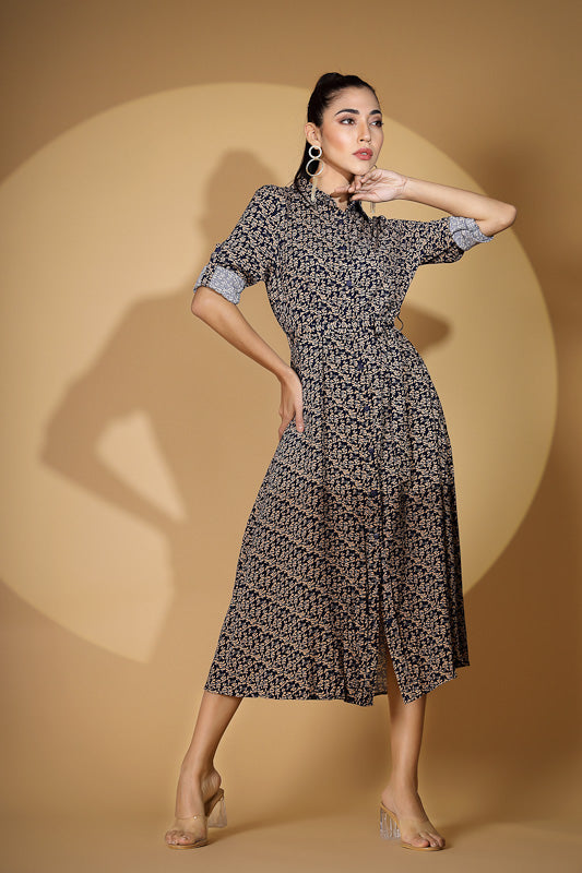Women Navy Blue Collar Neck Printed Shirt Dress - Global Republic