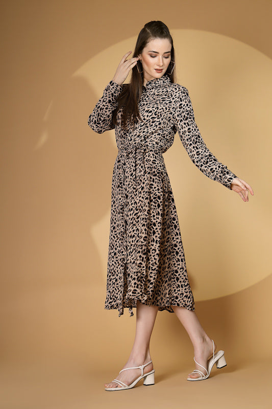 Women Brown Collar Neck Printed Shirt Dress - Global Republic