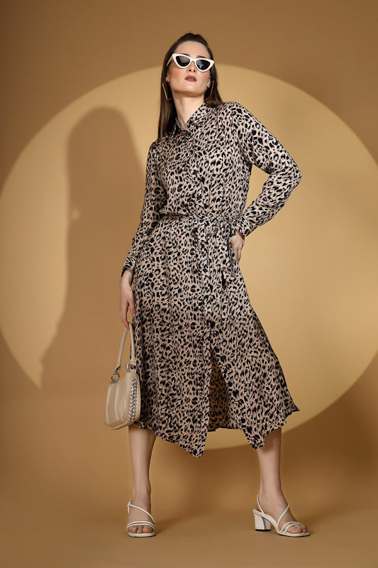 Women Brown Collar Neck Printed Shirt Dress - Global Republic