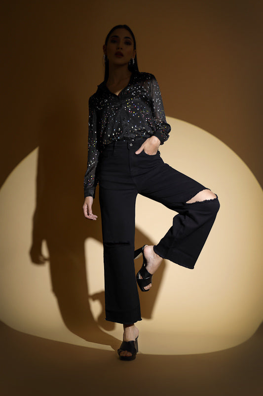 Black Embellished Collar Neck Shirt - Global Republic