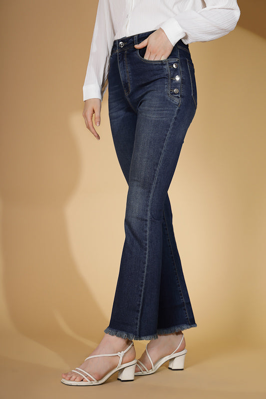 Women's Regular Fit Cotton Blend High Rise Blue Boot Cut Jeans - Global Republic