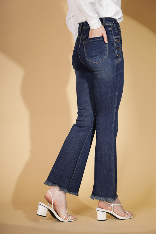 Women's Regular Fit Cotton Blend High Rise Blue Boot Cut Jeans - Global Republic