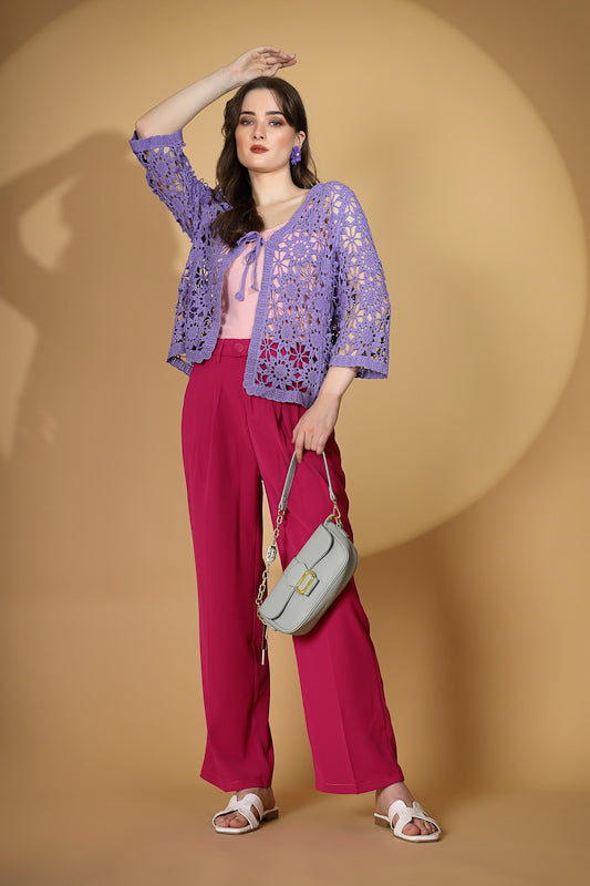 Women Lavender V-Neck Embroidered Loose Fit Shrug –