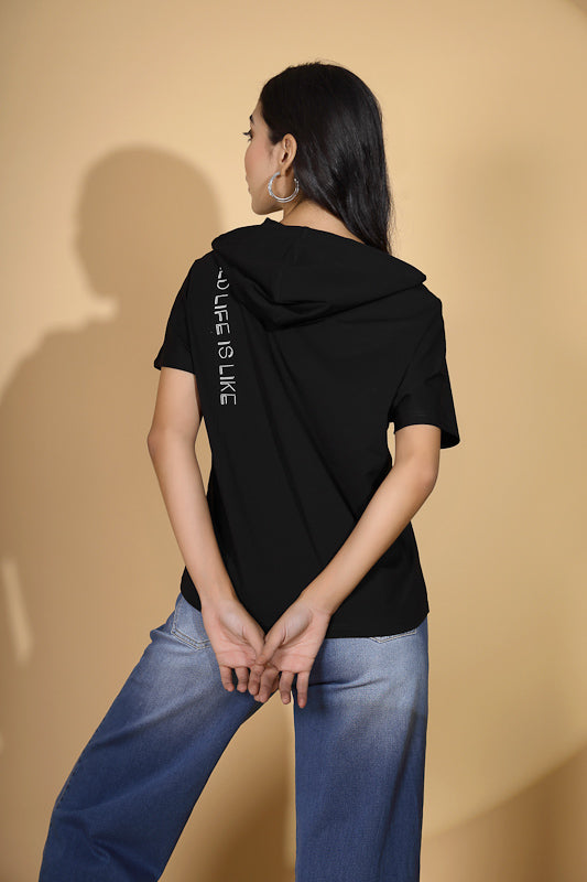 Women Regular Fit Black Hooded Top - Global Republic