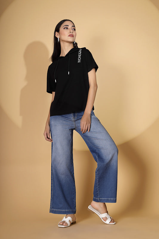 Women Regular Fit Black Hooded Top - Global Republic