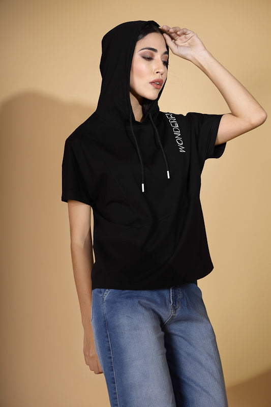 Women Regular Fit Black Hooded Top - Global Republic