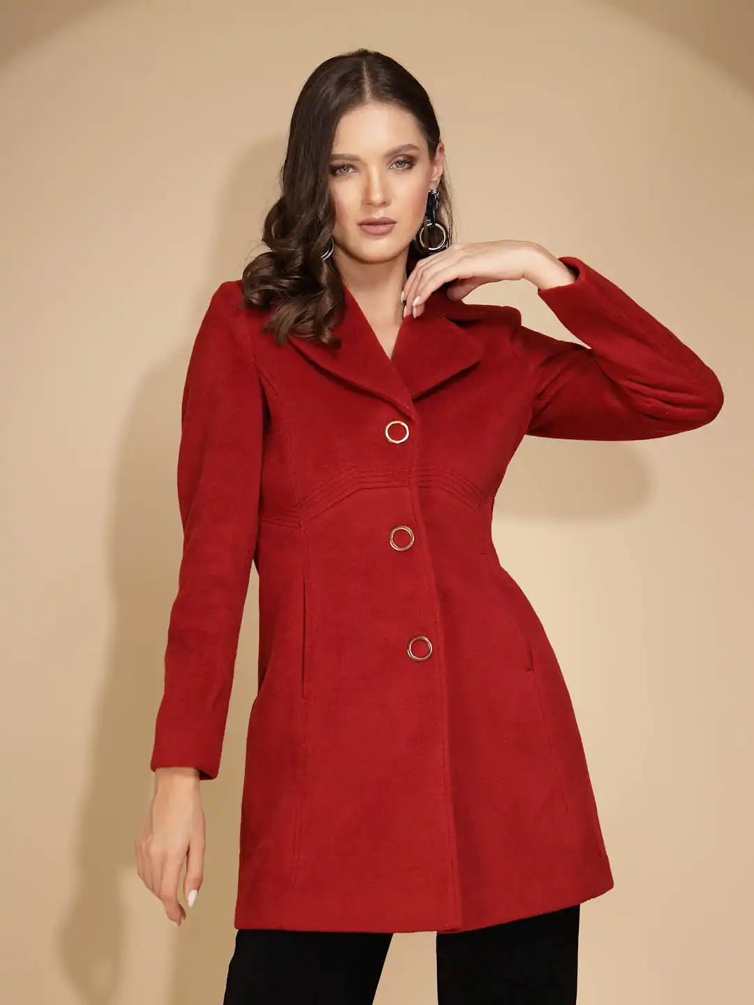Women s Maroon Solid Full Sleeve Long Coat
