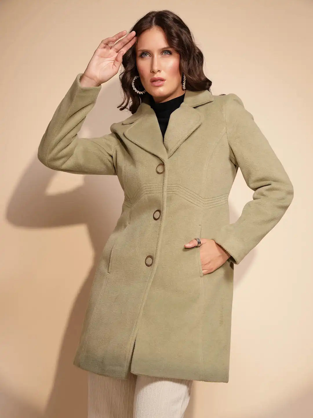 Women's Solid Collared Neck Green Blazer - Global Republic