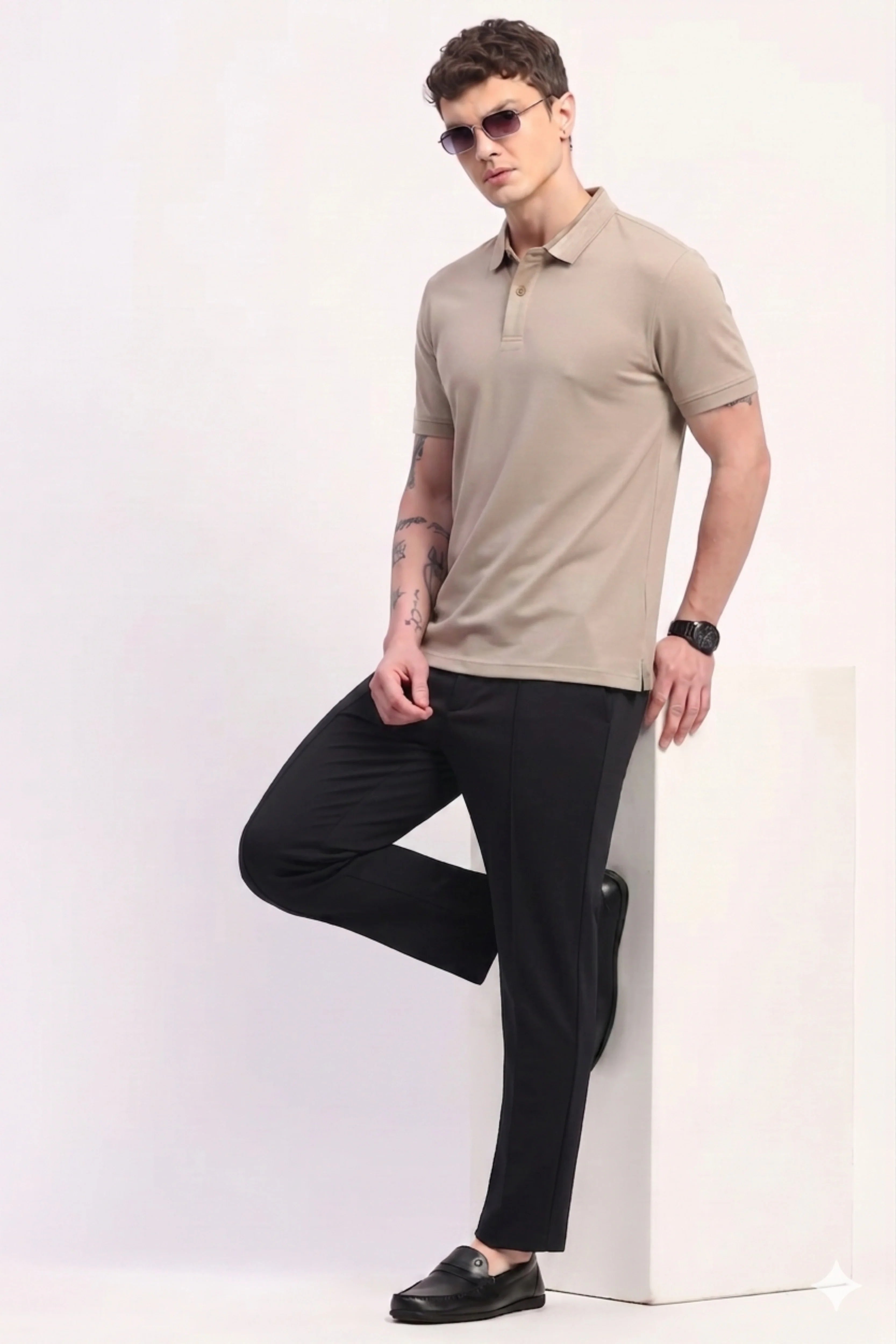 Beige Cotton Collar T-Shirt-Global Republic
