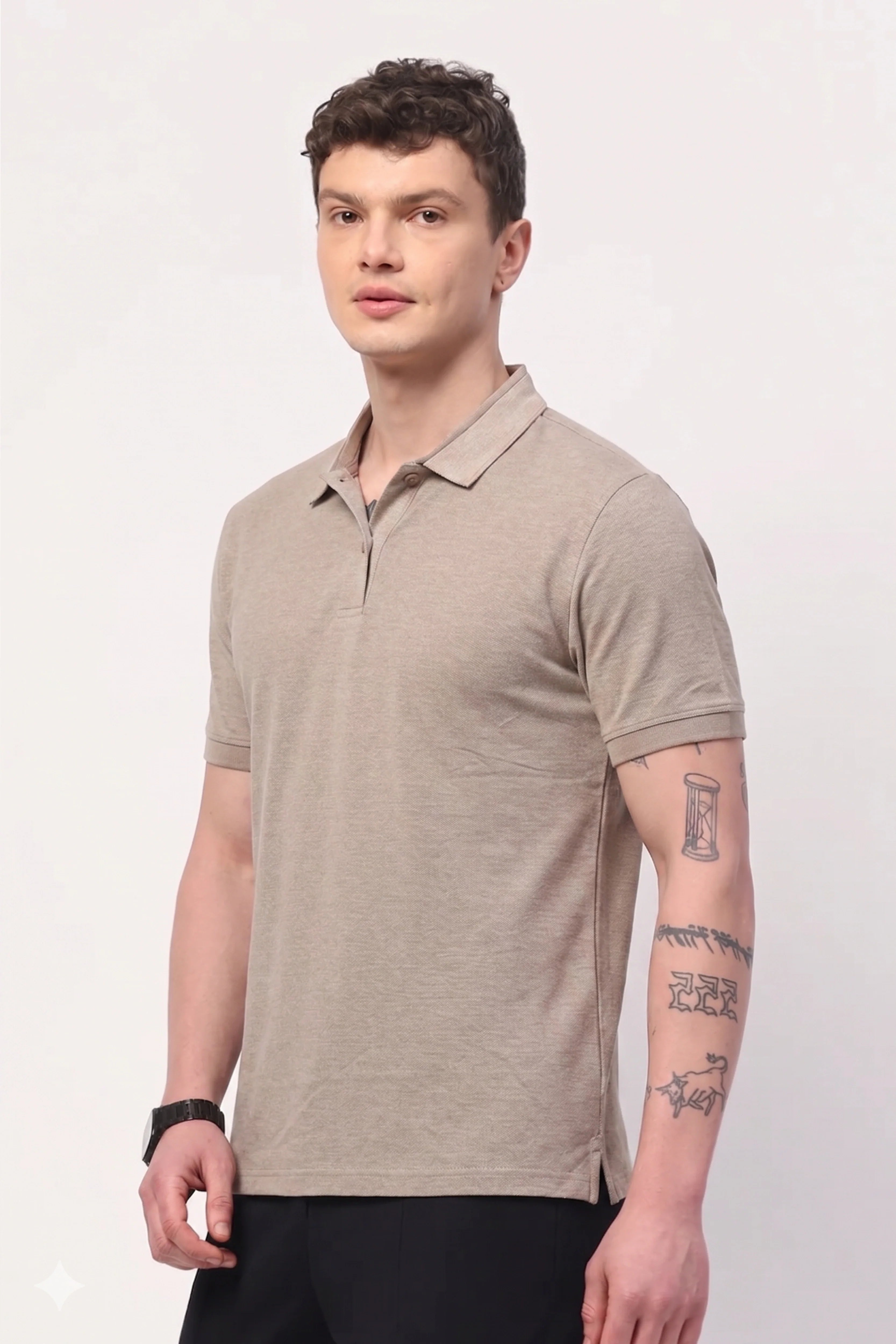 Beige Cotton Collar T-Shirt-Global Republic