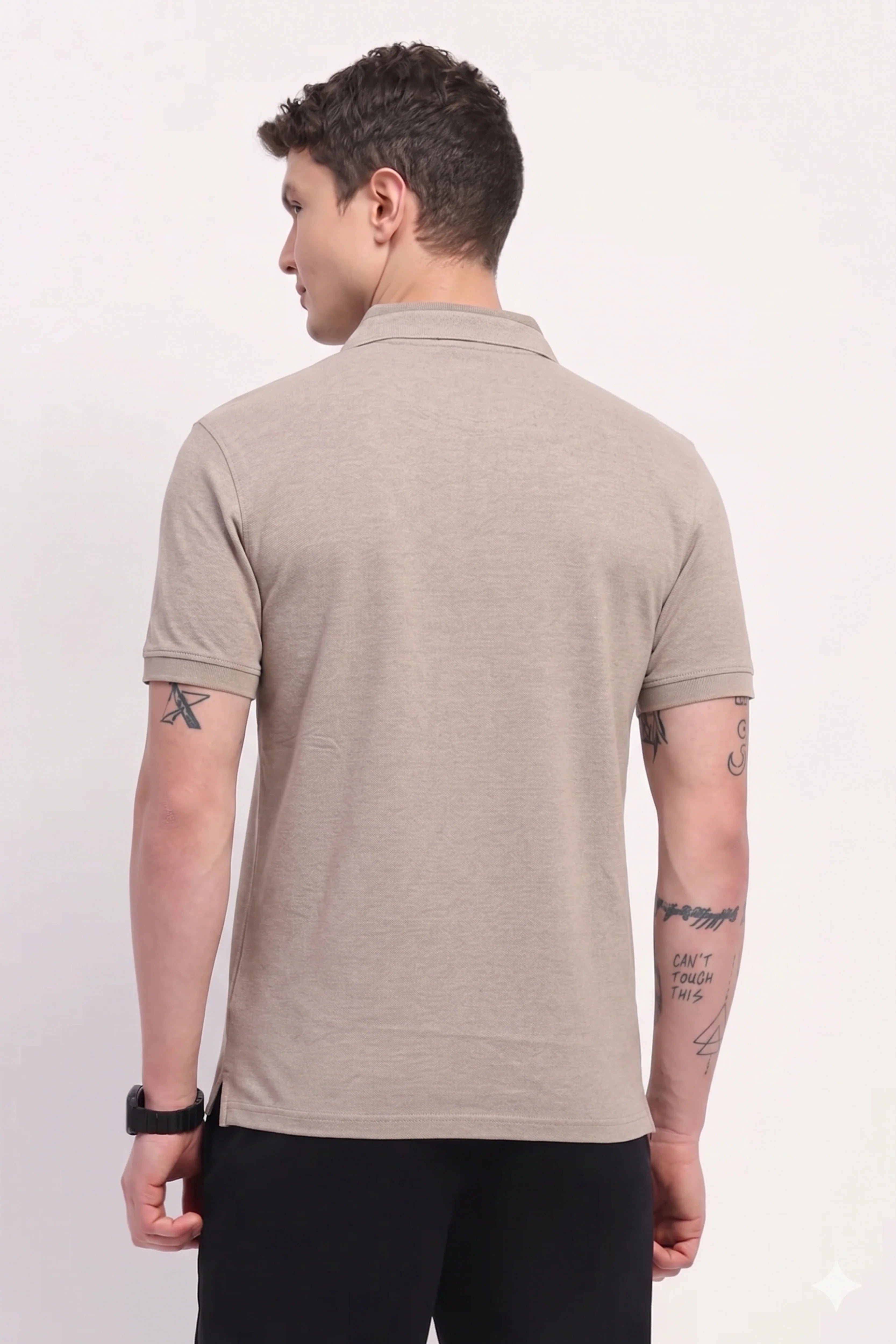 Beige Cotton Collar T-Shirt-Global Republic