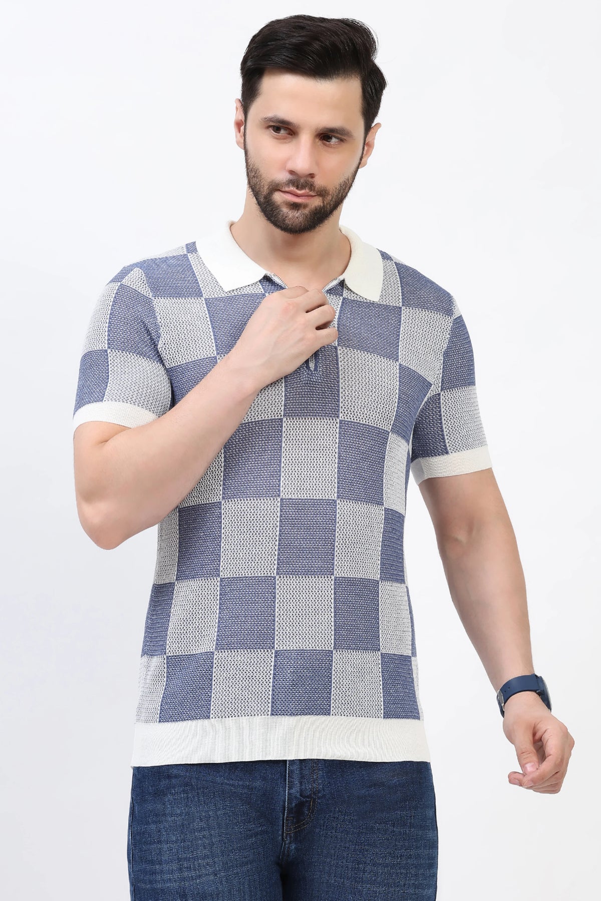 Blue & White Checked Knit Polo T-Shirt