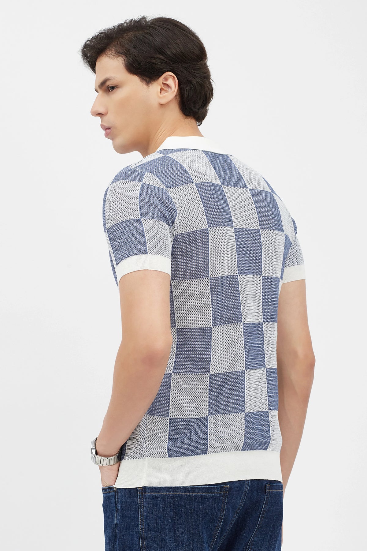Blue & White Checked Knit Polo T-Shirt-Global Republic