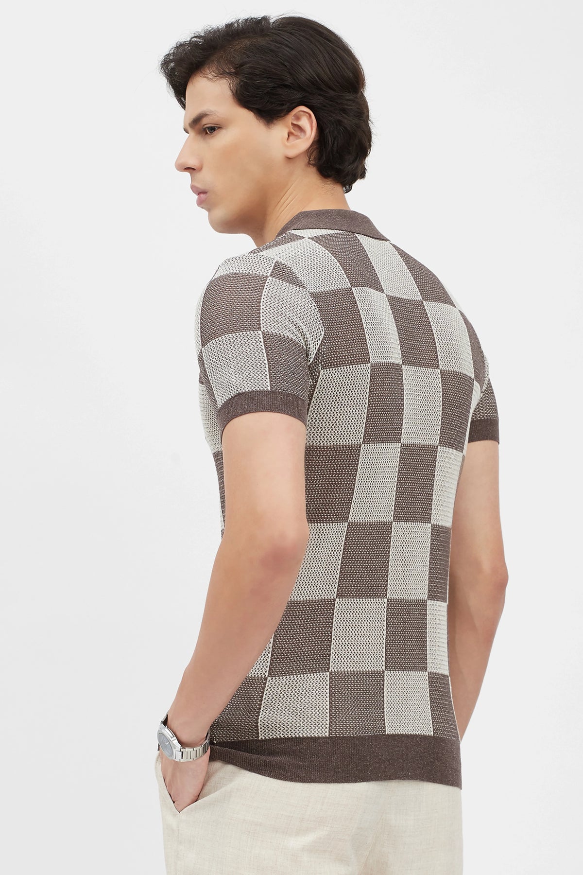 Brown & Beige Checked Knit Polo T-Shirt-Global Republic