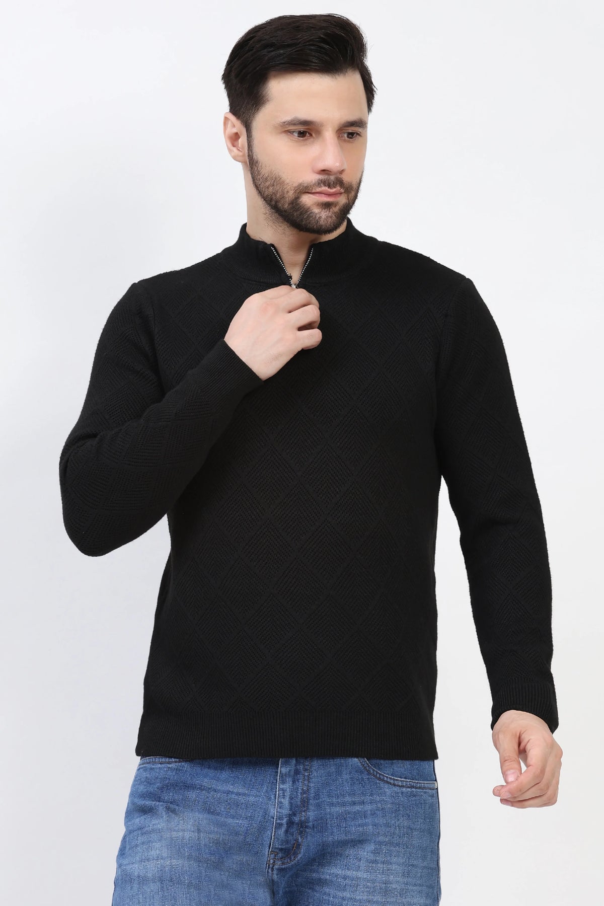 Black Self-Design High-Neck Pullover