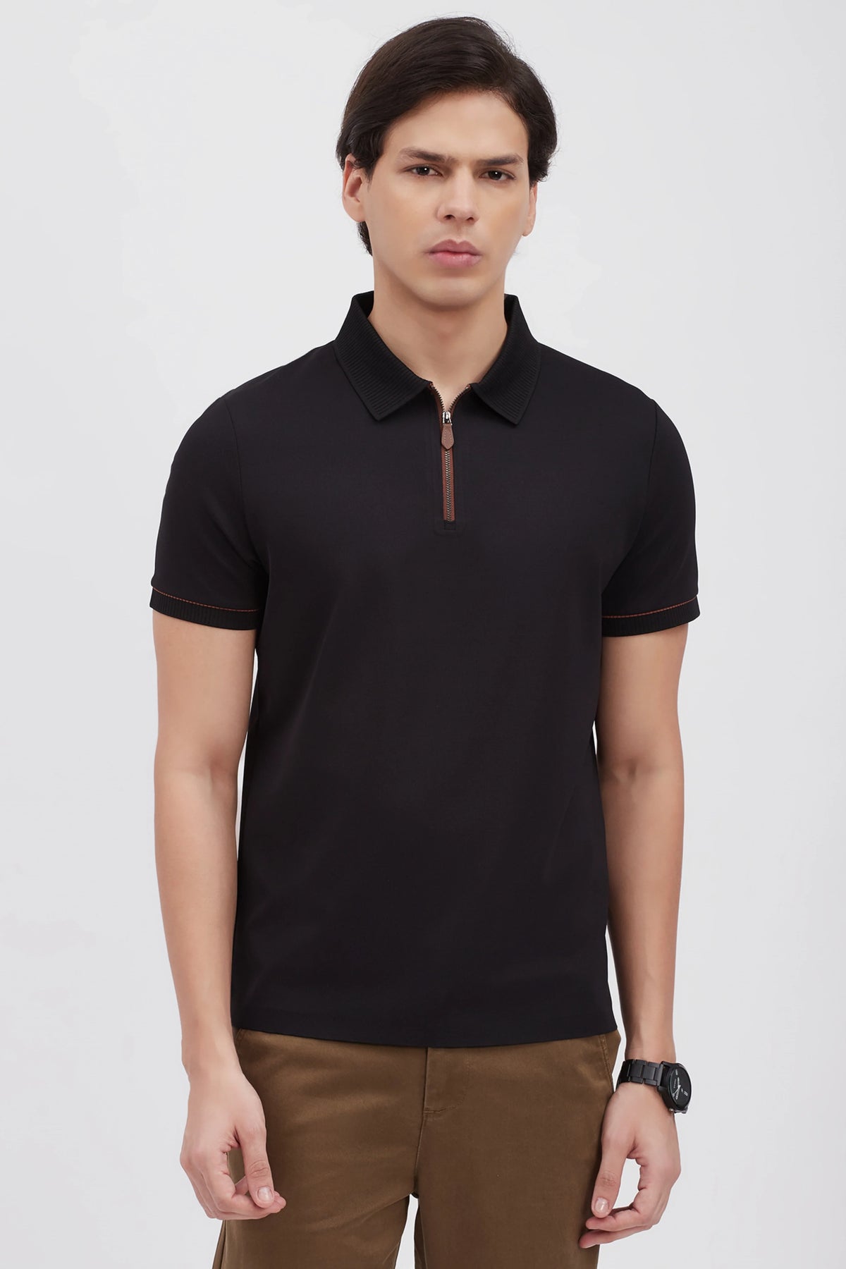 Black Textured Polo T-Shirt-Global Republic