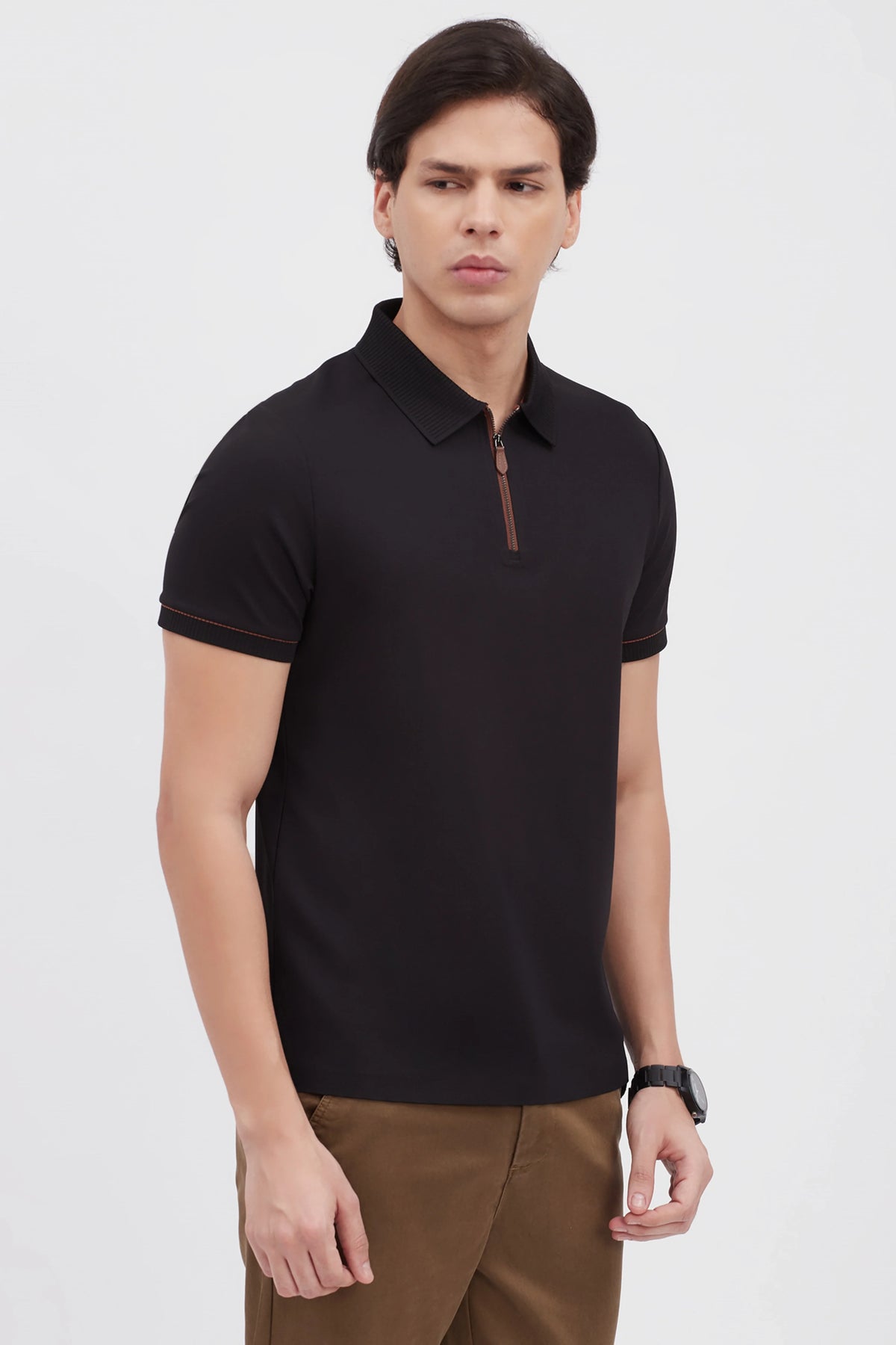 Black Textured Polo T-Shirt-Global Republic