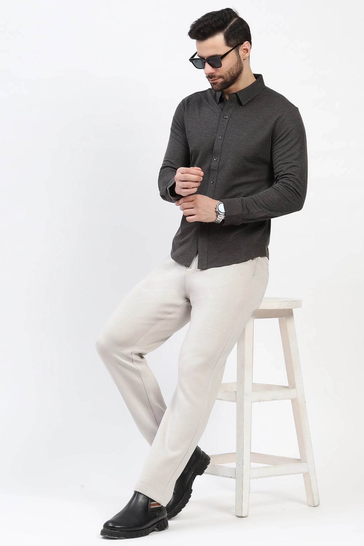 Light Grey Straight Fit Trousers-Global Republic