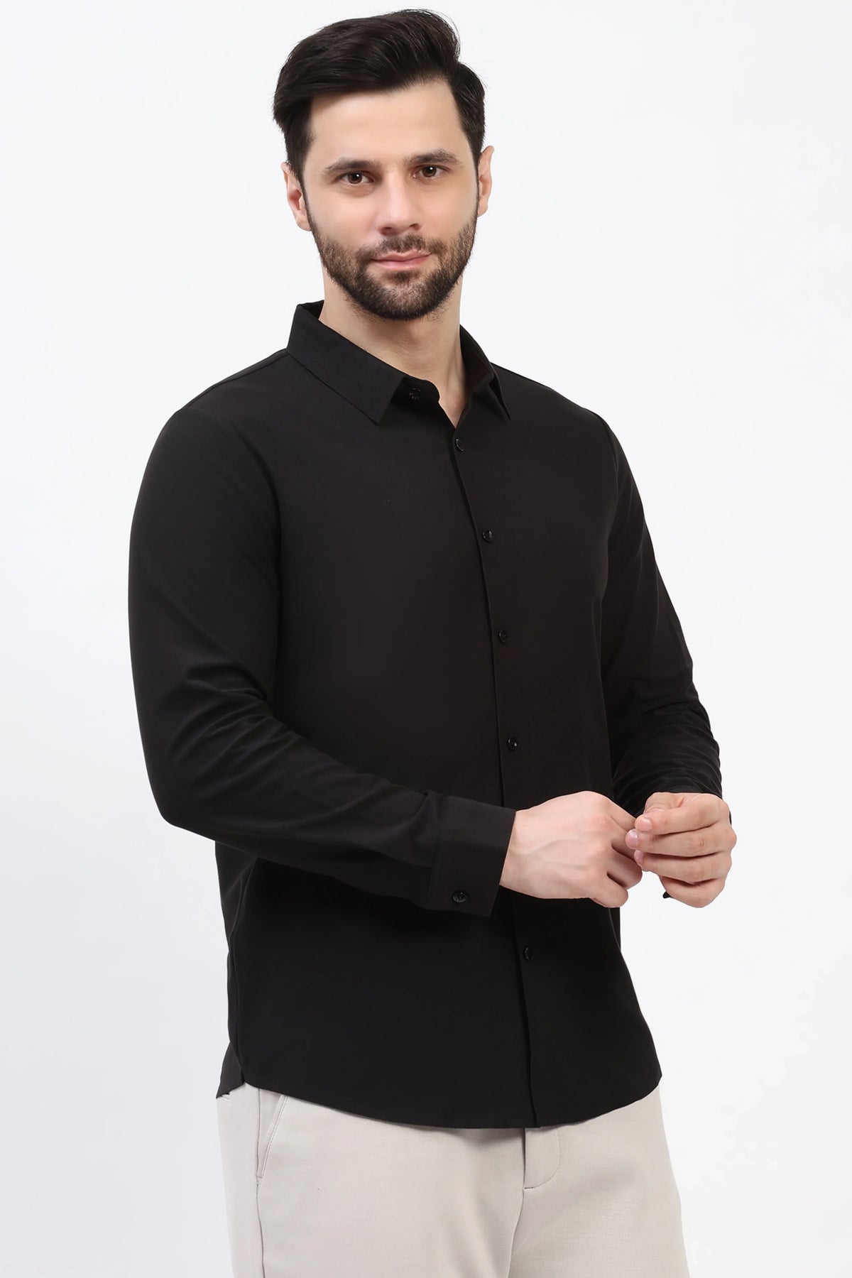 Black Self-Stripe Pre-Winter Shirt-Global Republic