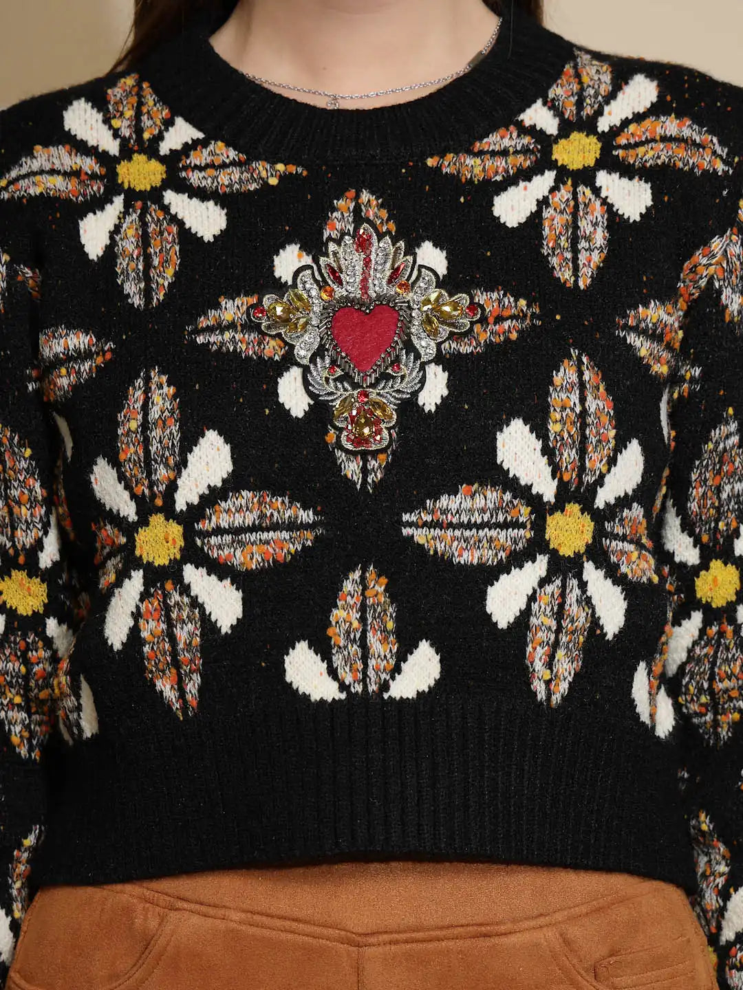 Black Embellished Jacquard Sweater - Global Republic