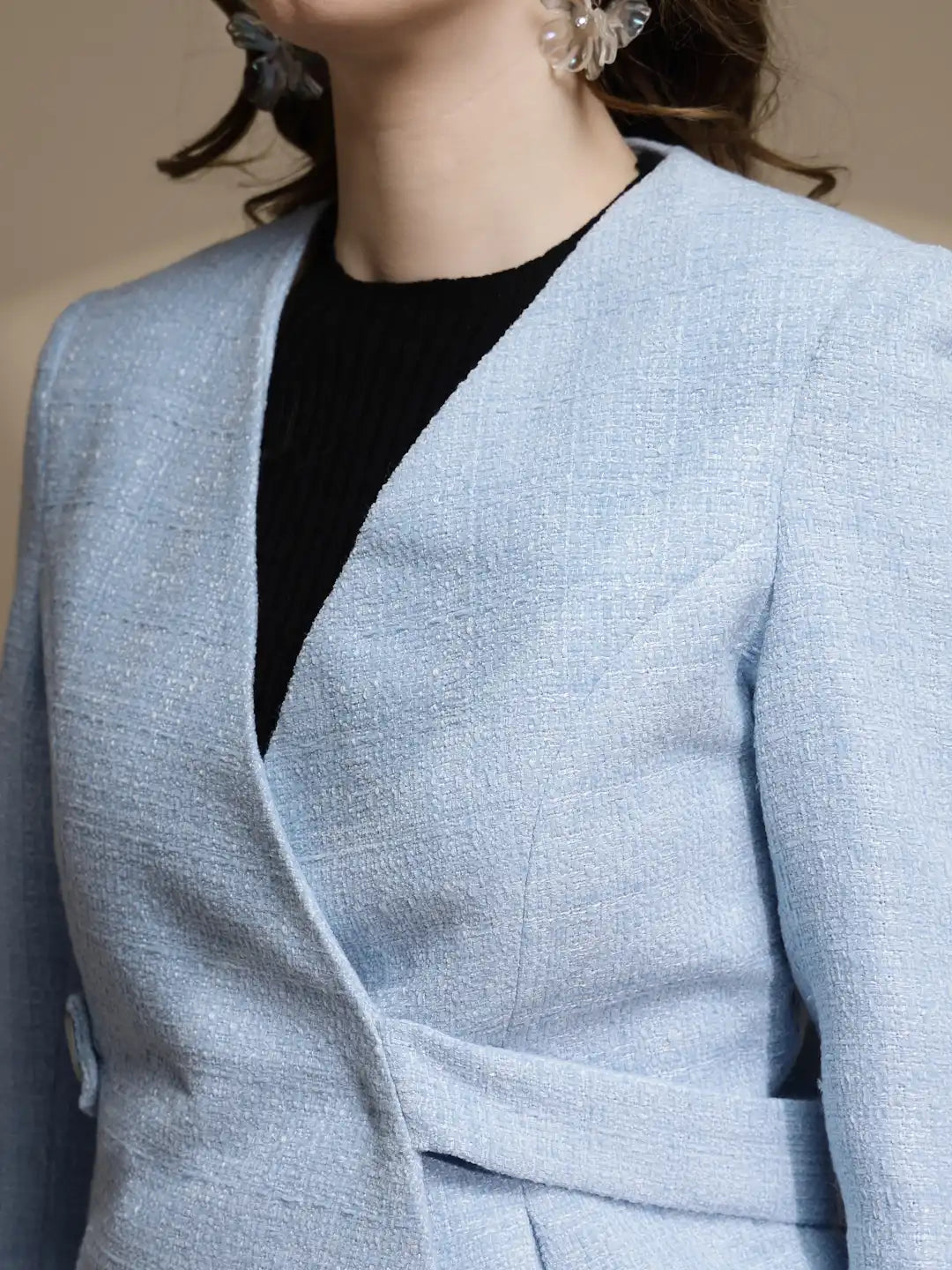 Blue Solid Tweed Coat - Global Republic