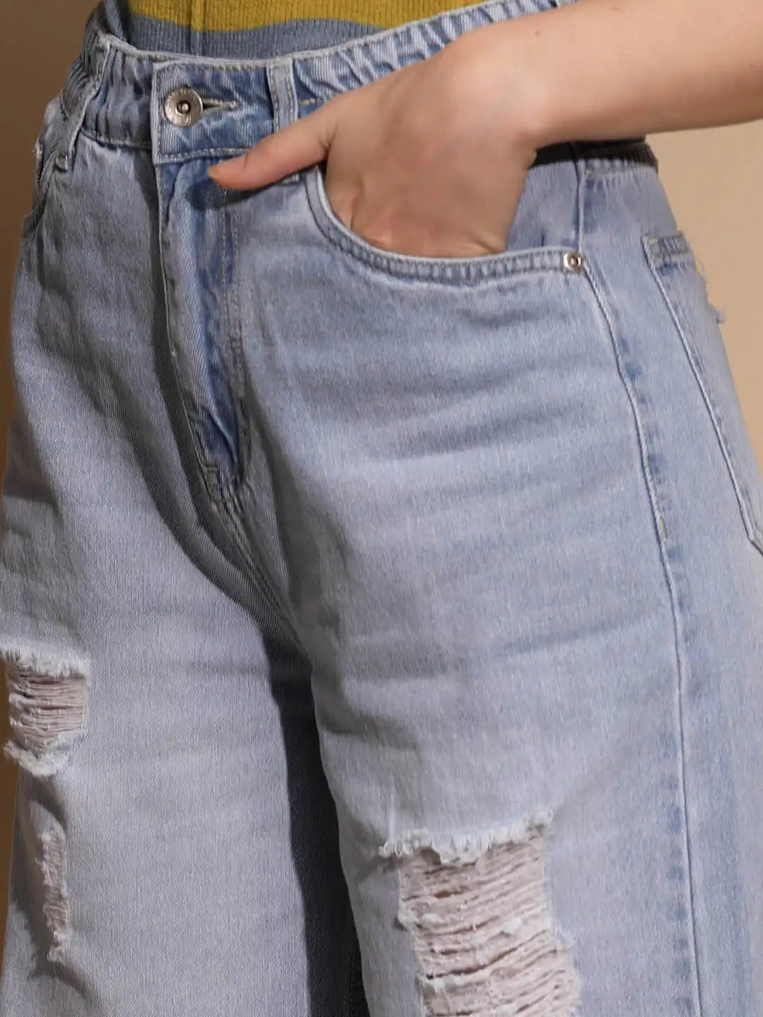 Blue Denim Mid Rise Distressed Jeans - Global Republic