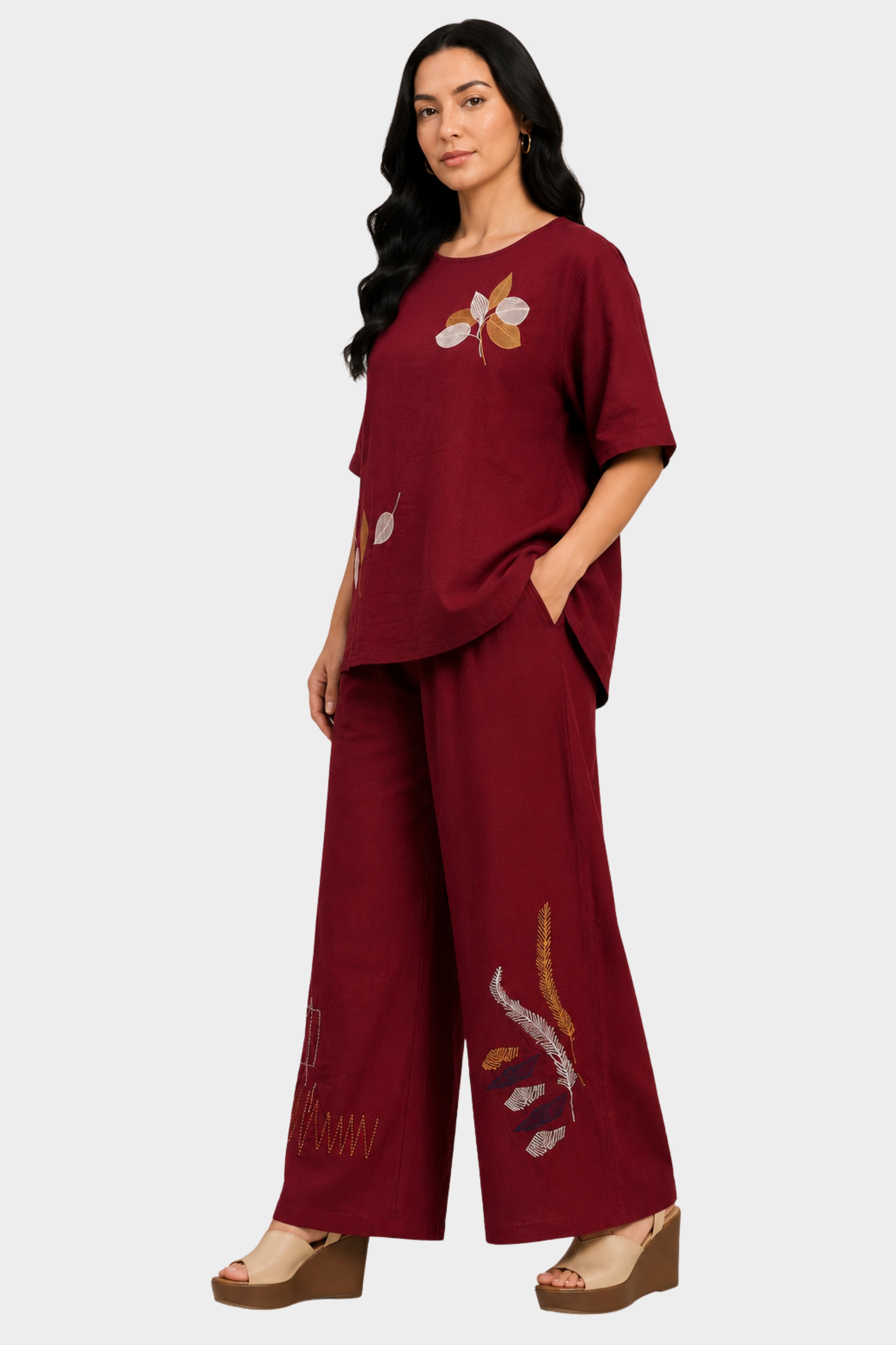 Maroon Leaf Embroidered Lounge Wear Set