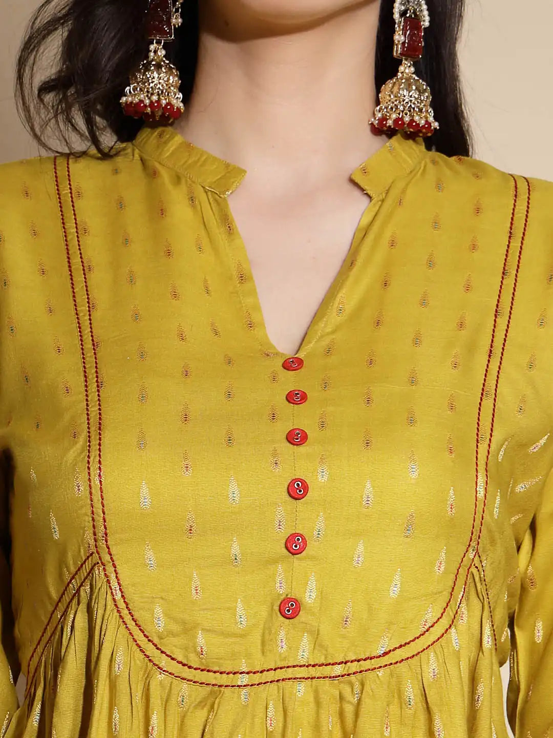 Mustard Embroidered Three Quarter Sleeves Mandarin Collar Tunic