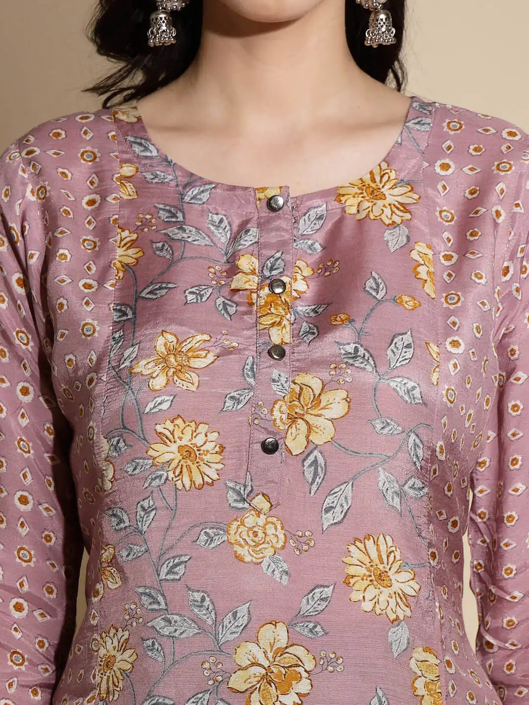 Mauve Floral Print Satin Tunic - Global Republic