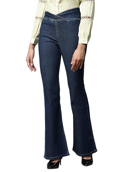 Denim Pants High Waisted Pull On Jeggings Blue V-shape Waist