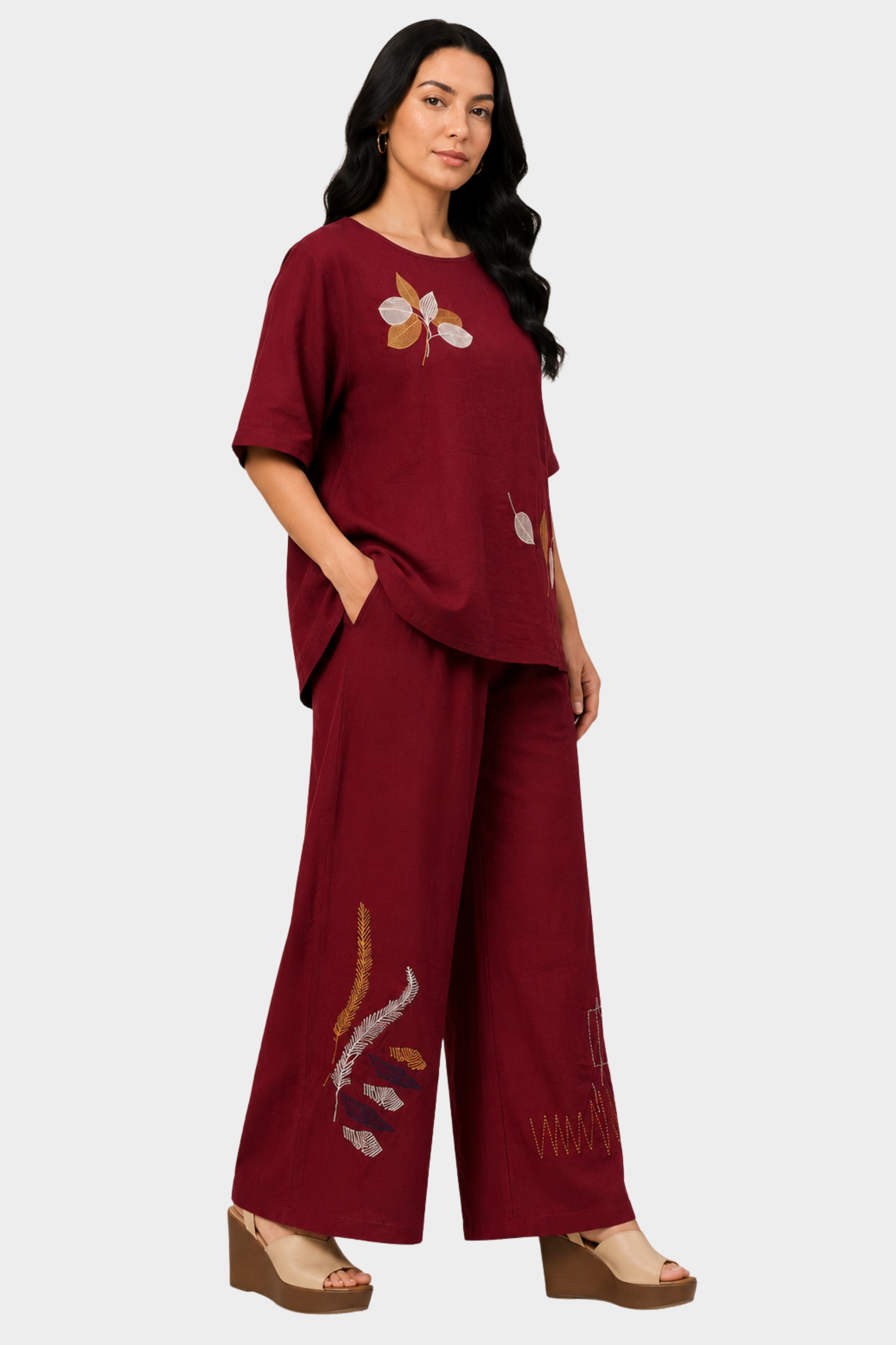 Maroon Leaf Embroidered Lounge Wear Set