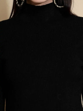 Black Solid Full Sleeve Turtle Neck Woolen Fringed Pullover Sweater