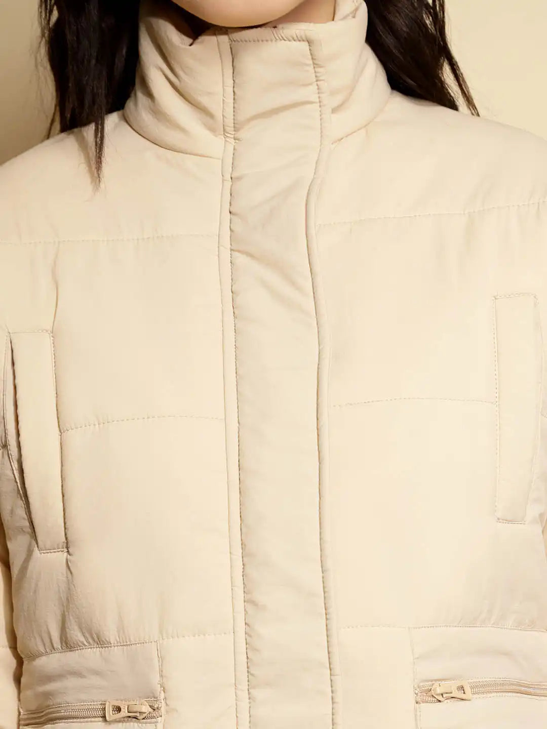 Beige Solid Puffer Jacket - Global Republic