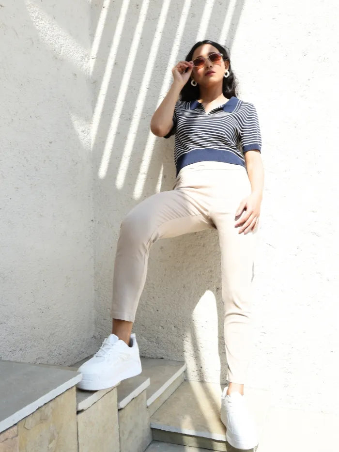 Navy Striped Viscose Boxy Top - Global Republic