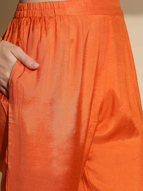 Orange Foil Printed Three Quarter Sleeves Round Neck Silk Kurta Set With Organza Dupatta