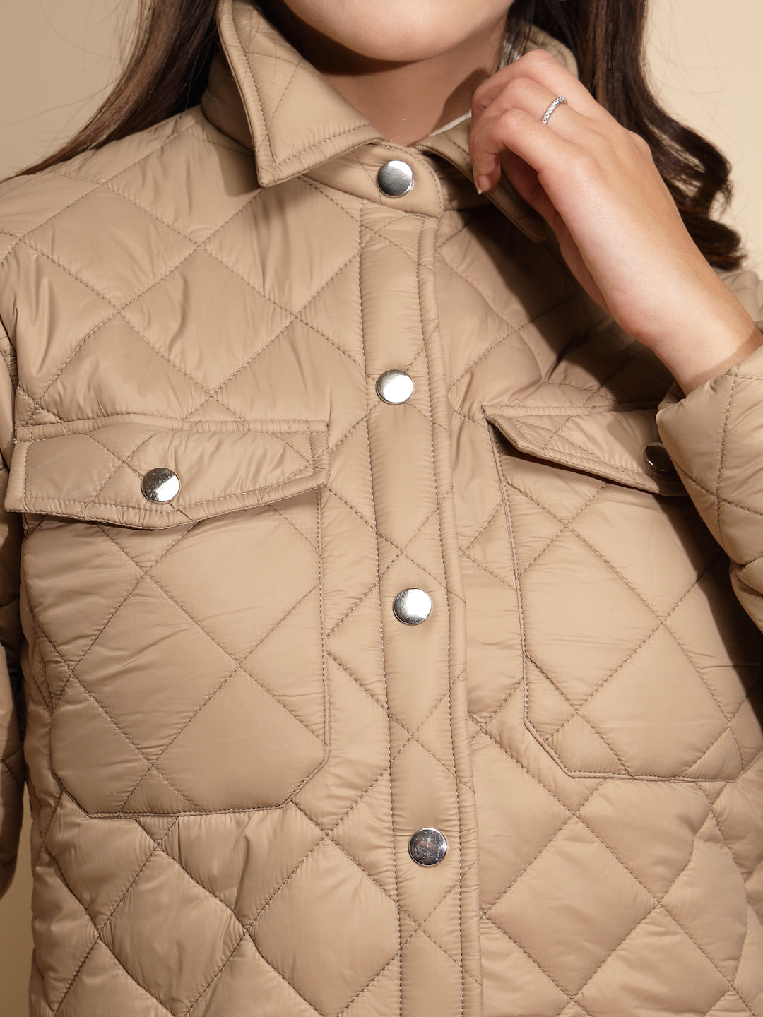 Women Beige Solid Full Sleeve Collar Neck Shacket - Global Republic