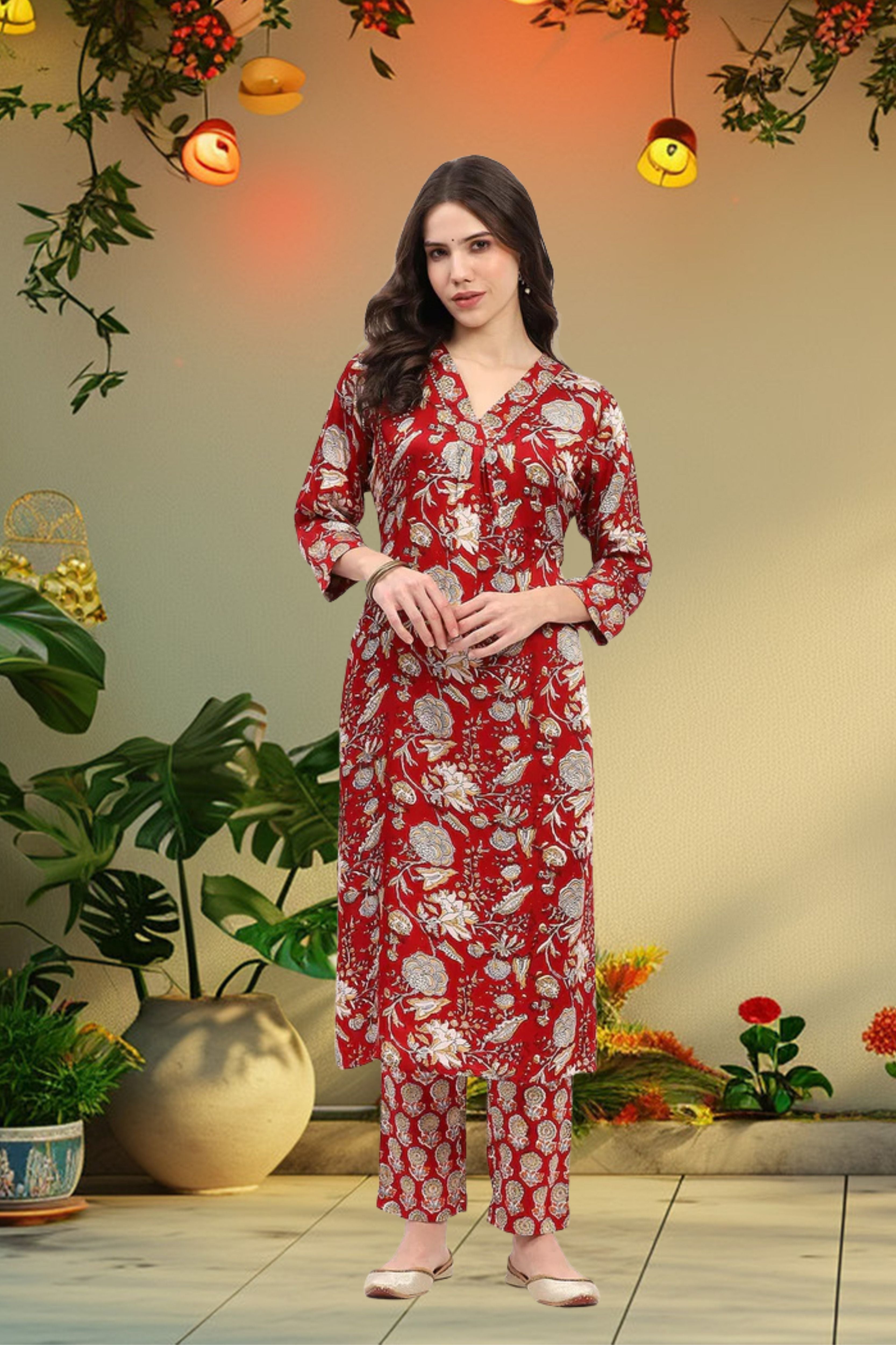 Floral Elegance Red Kurta Set - Global Republic