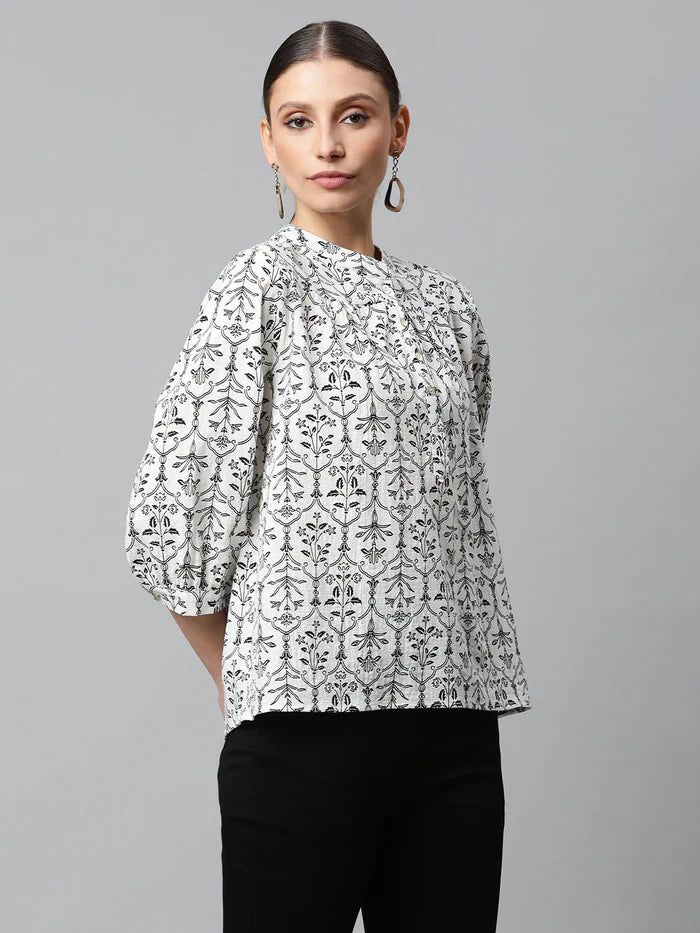 Beige Floral Cotton Top - Global Republic