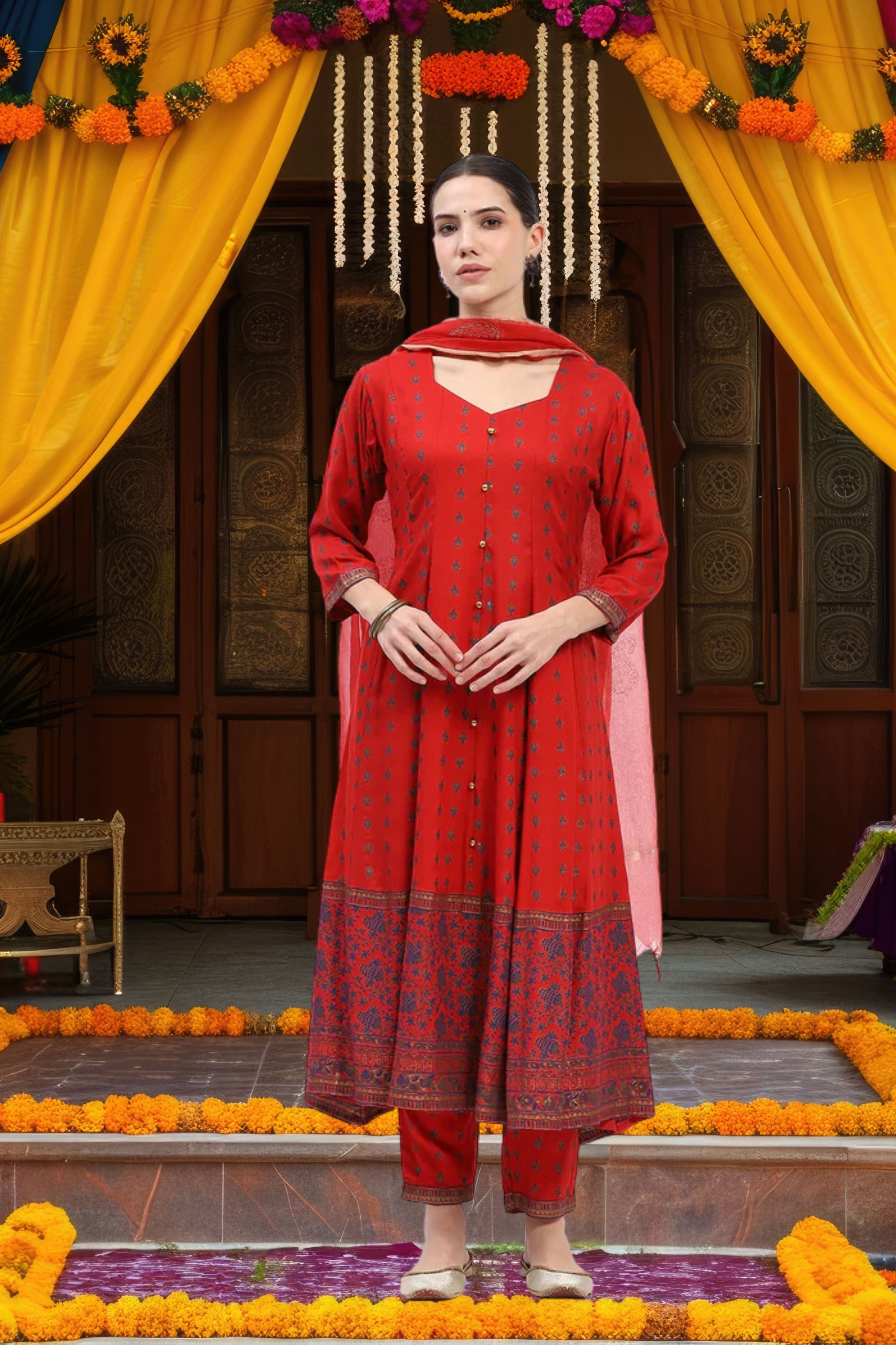 Foil-Printed Muslin Anarkali Suit Set - Global Republic