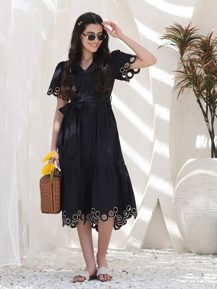 Black Cut Work Tiered Dress - Global Republic