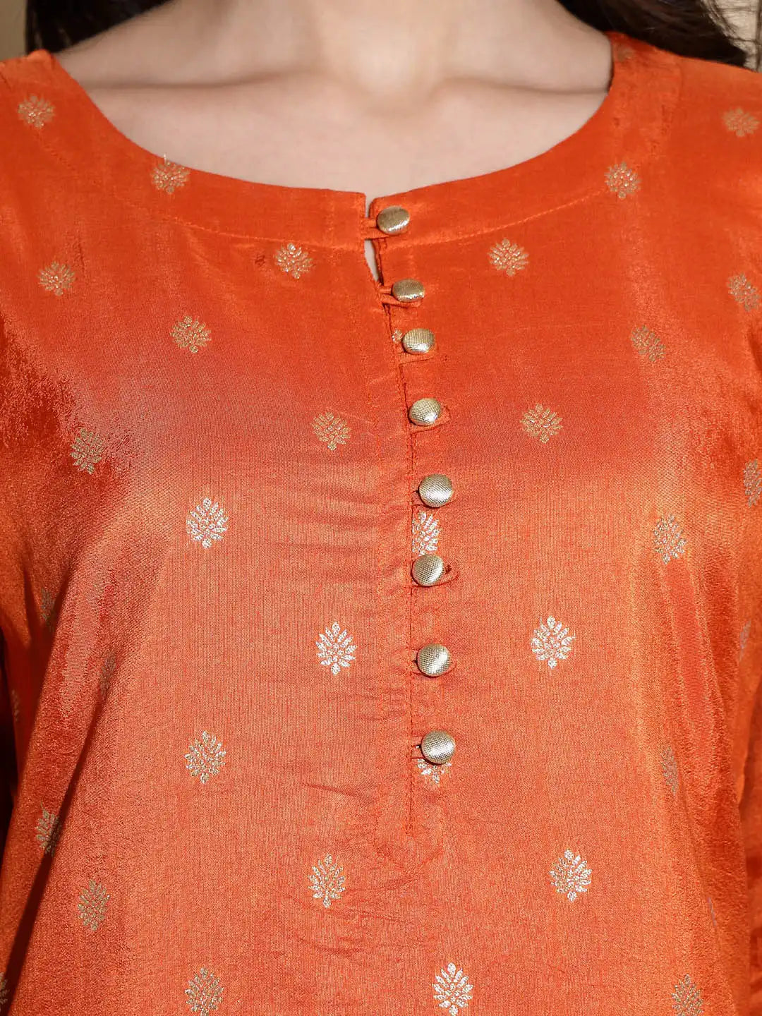 Orange Foil Printed Three Quarter Sleeves Round Neck Silk Kurta Set With Organza Dupatta