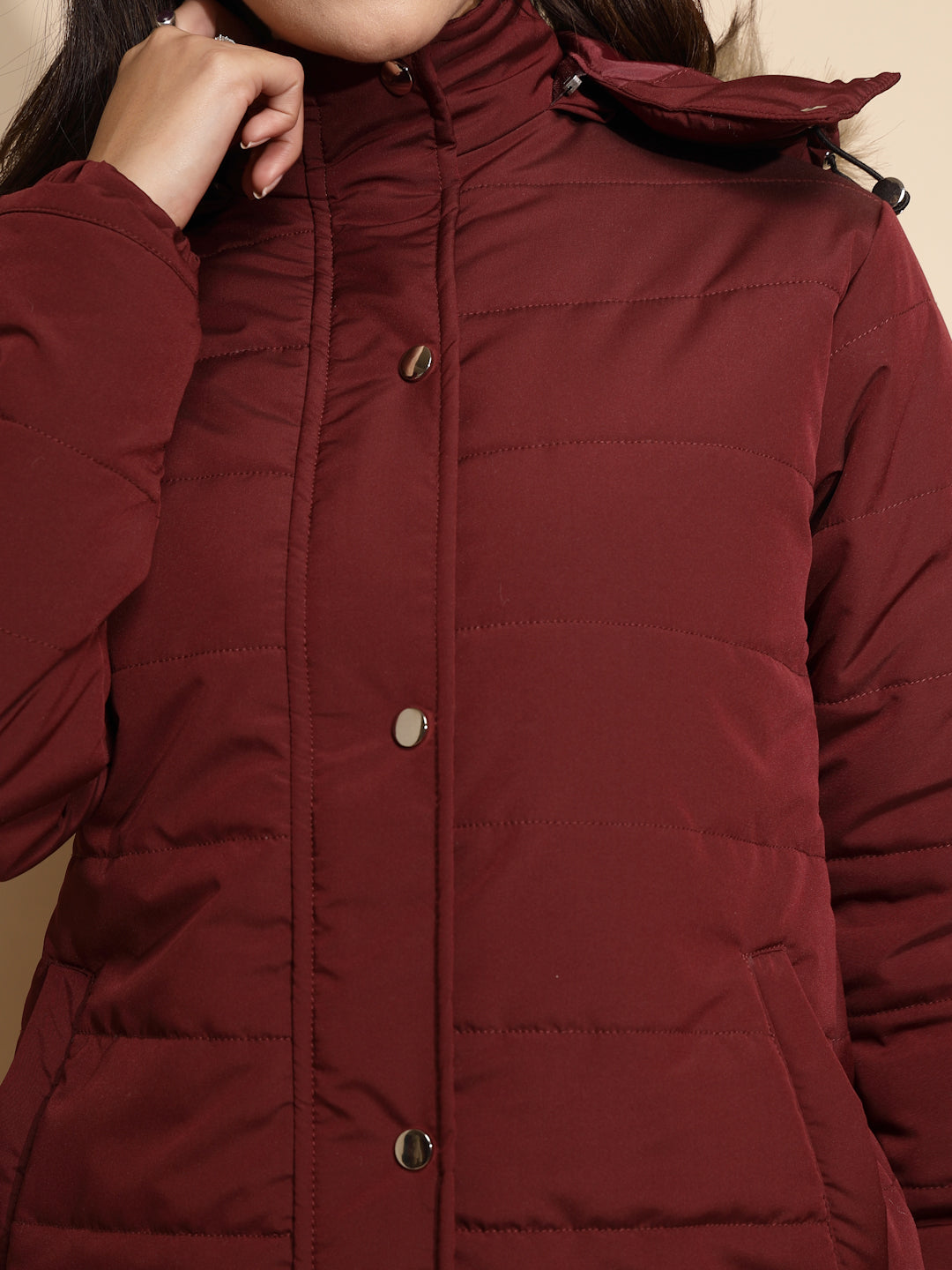 Women Maroon Solid Full Sleeve Regular fit Hooded Jacket - Global Republic