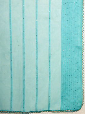 Firozi Foil Printed Three Quarter Sleeves Slit Crew Neck Silk Kurta Set With Organza Dupatta