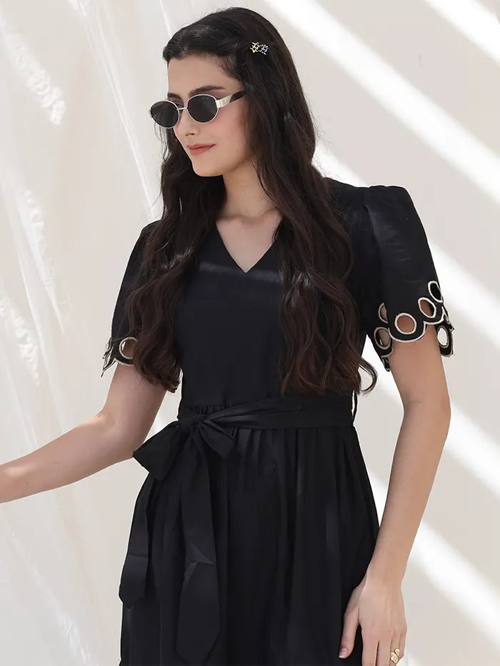 Black Cut Work Tiered Dress - Global Republic