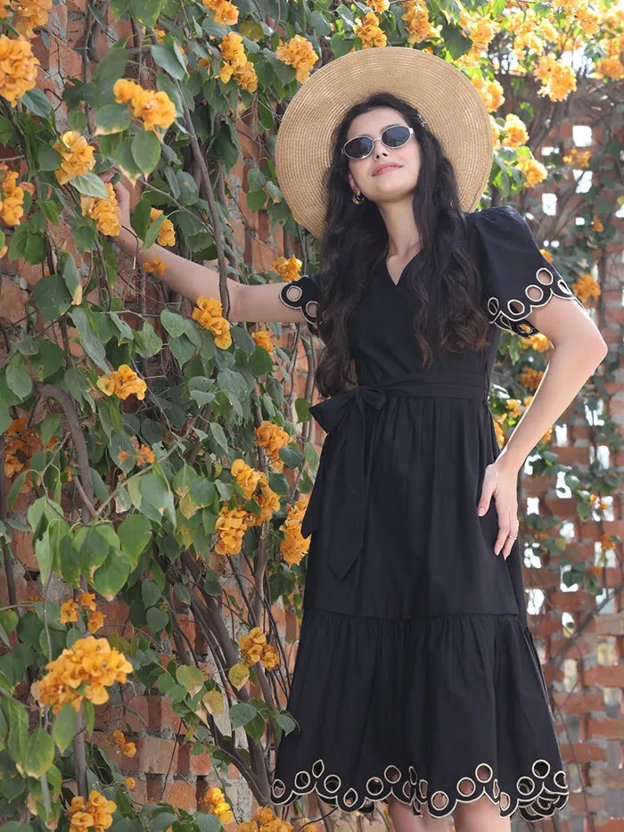 Black Cut Work Tiered Dress - Global Republic