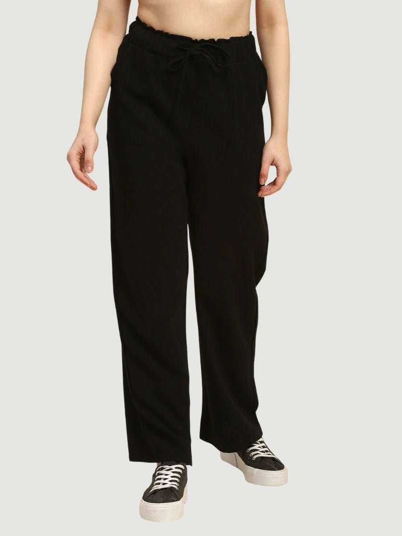 Black Solid Cotton Linen Relaxed Lower - Global Republic