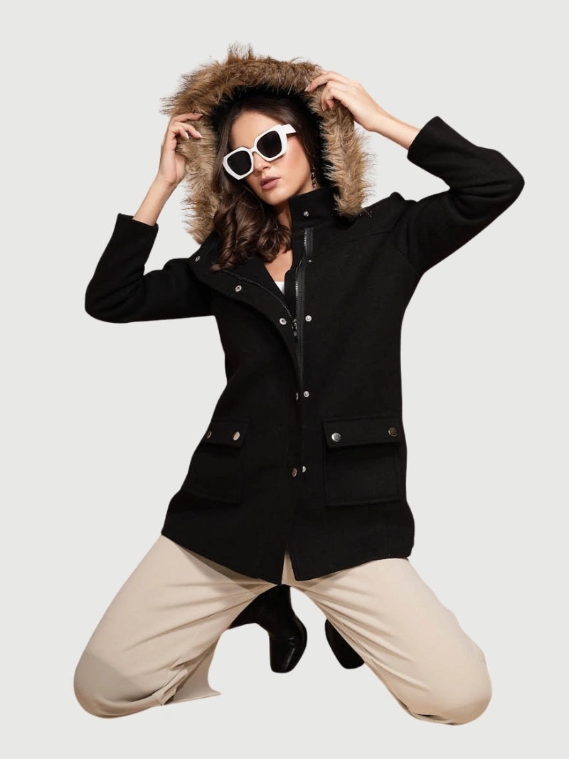 Black Solid Hooded Coat