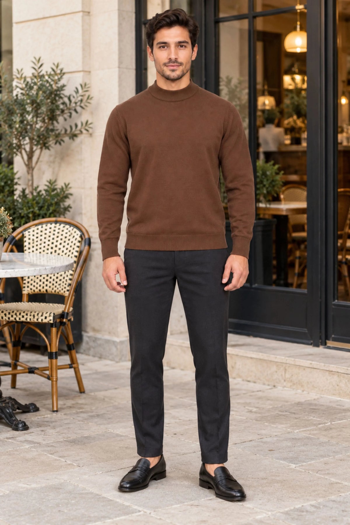 Brown Slim-Fit High-Neck Pullover-Global Republic